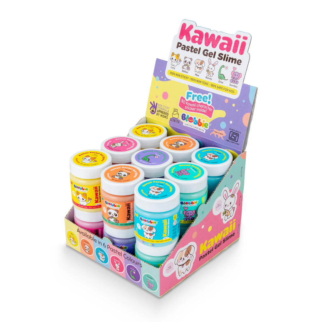 Kawaii Pastel Gel Slime (Display Box of 18  Slime Jars - 6 colors/Kawaii Characters * 3 Each)